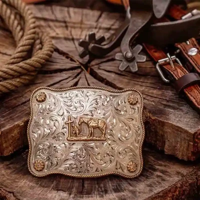 Mens Belt Buckles - Cowboy Praying to a cross